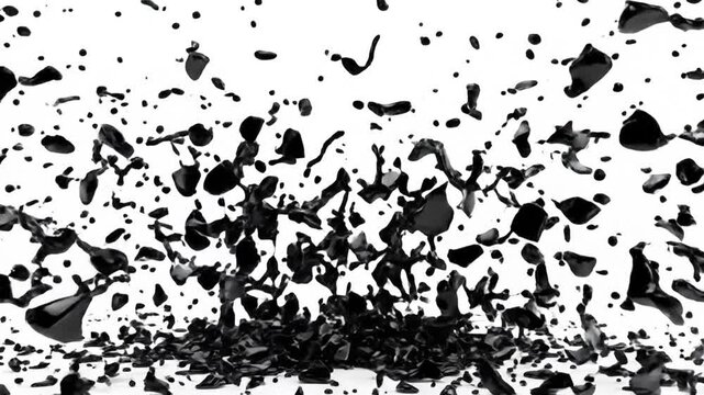 3D Animation of Black Liquid Sphere Exploding into Splashes and Droplets Isolated on White Background