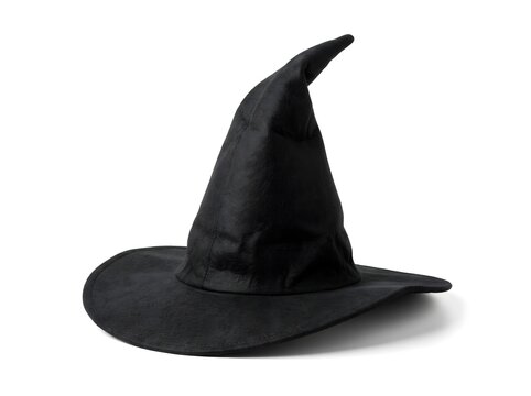 Black Witch Hat Costume Accessory Isolated on White Background for Halloween Festive Celebration and Spooky Themed Party Attire