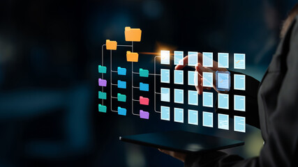 Modern Business File Management System with Digital Interface and Colorful Folders Displayed on...