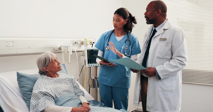 Tablet, folder and medical team with patient in bed for consulting, surgery results and feedback. Hospital, tech and doctor with nurse, woman and talking for recovery, healthcare report and update