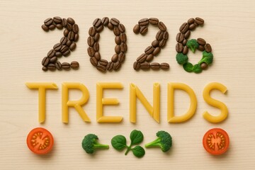 2026 trends made of food items including coffee beans and pasta on light wood background © dvoevnore