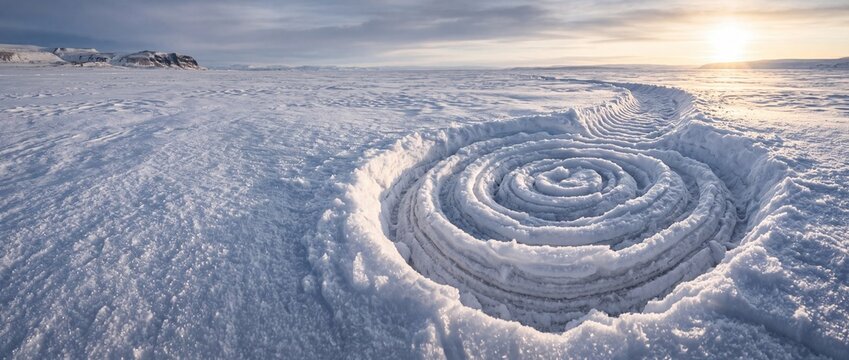 Circular snow formation on arctic ice field features unique vortex patterns for meteorological study.