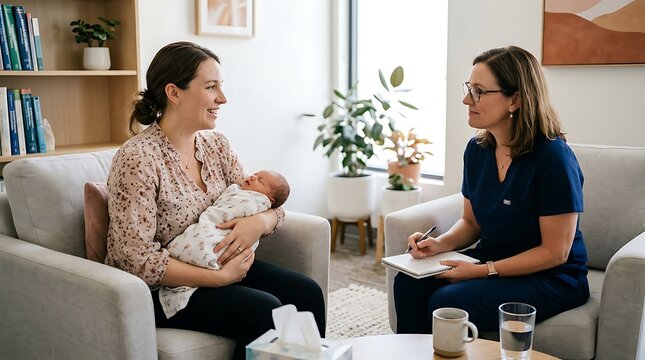 Mother holding newborn baby during consultation with female doctor