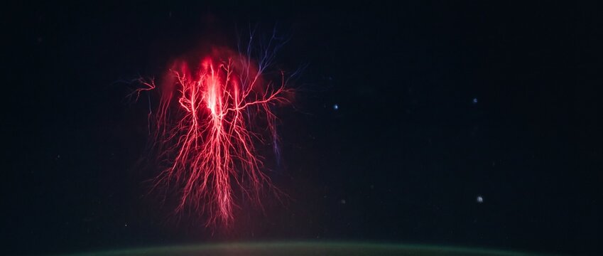 Red sprite upper atmospheric lightning strike displays electrical discharge in dark night sky.