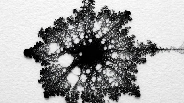 Time lapse of black ink bleeding and expanding on white paper creating abstract fractal patterns fluid dynamics and diffusion concept