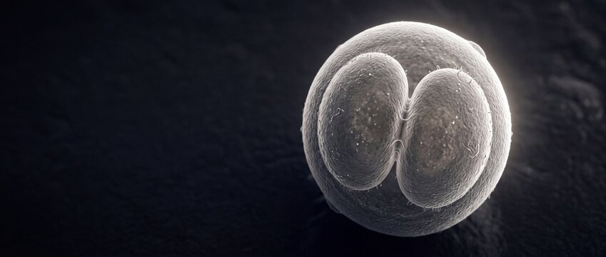 Two-cell embryo dividing in early stages of development and reproduction on dark background.