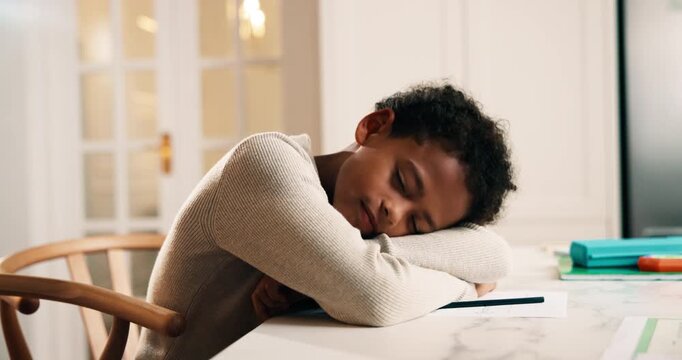 Tired, kid and sleep in home with homework fatigue, leaning challenge or overwhelmed by school task. Exhausted, boy child and nap in house with difficult project, education or burnout from assignment