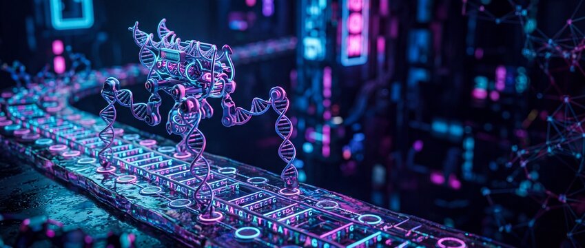 Futuristic nanobot walking on dna strand sequence with neon blue and purple lights in high tech lab.
