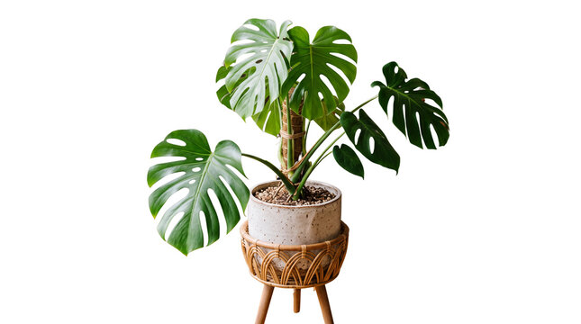Monstera deliciosa houseplant in ceramic pot, tropical Swiss cheese plant on wooden stand, lush green indoor foliage decor isolated PNG with Transparent Background