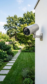 Silver security camera mounted on a white wall overlooking a lush garden path, representing surveillance, security, and outdoor monitoring