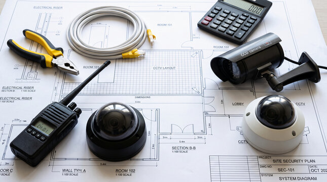 Security equipment like CCTV cameras and a walkie-talkie laid out on building blueprints, representing planning and installation for surveillance.