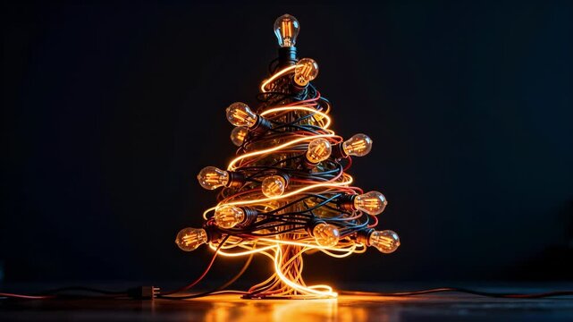 Glowing light bulbs wrapped in tangled wires form a christmas tree on wooden table against dark background, cozy diy holiday decoration concept
