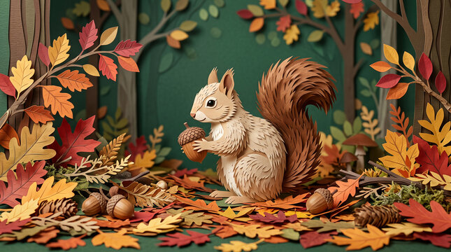 Paper-cut squirrel with acorn amidst colorful autumn leaves and forest elements, symbolizing nature's bounty and the fall season.