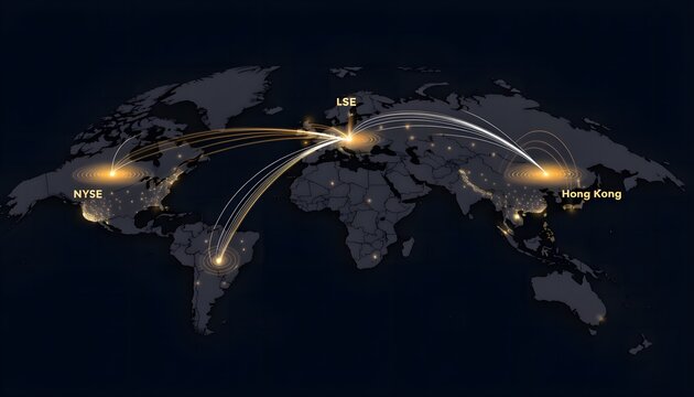 Worldwide financial connectivity visual featuring glowing golden trade routes linking major global market capitals on world map.