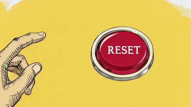 Victorian engraving style hand presses red reset button against yellow backdrop. Animated sequence shows finger reaching and pushing. Retro aesthetic for restart, fresh start and change themes.
