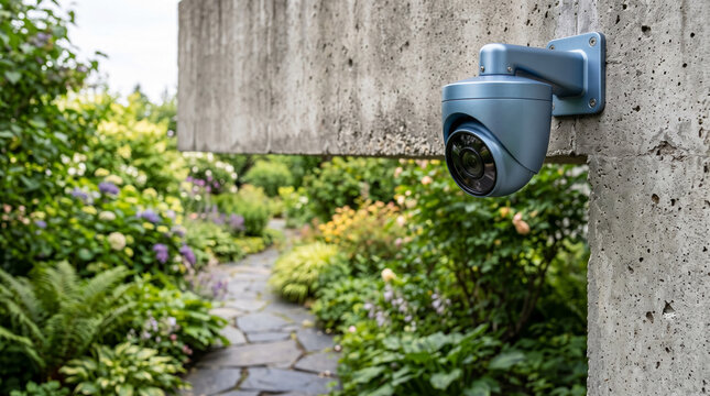 Blue surveillance camera mounted on a concrete pillar overlooking a lush garden path, symbolizing security and protection in a natural setting