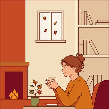 Woman Relaxing by Fireplace with Hot Drink in Autumn