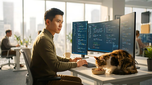 Male Software Developer Working at Multiple Monitors While Pet Cat Eats Food in Modern Office