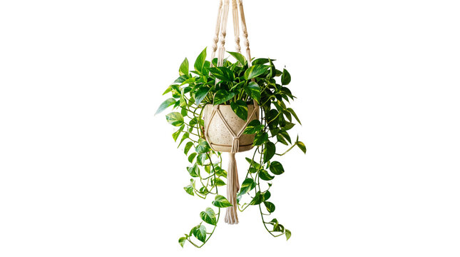 Bohemian macrame plant hanger with lush green pothos, decorative hanging indoor houseplant, rustic woven rope planter for home decor isolated PNG with Transparent Background
