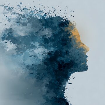 Abstract profile of a female face dissolving into a textured mix of blue and orange hues, blending human form with fragmented artistic elements.