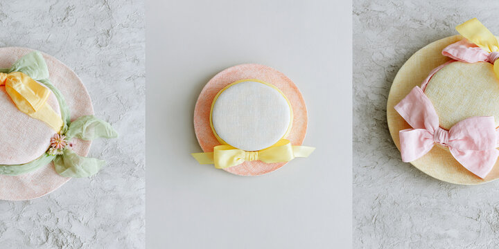 Three pastel straw hats with colorful ribbon bow from top view. Elegant summer fashion accessory collection. Vintage millinery design concept for spring and Easter celebration