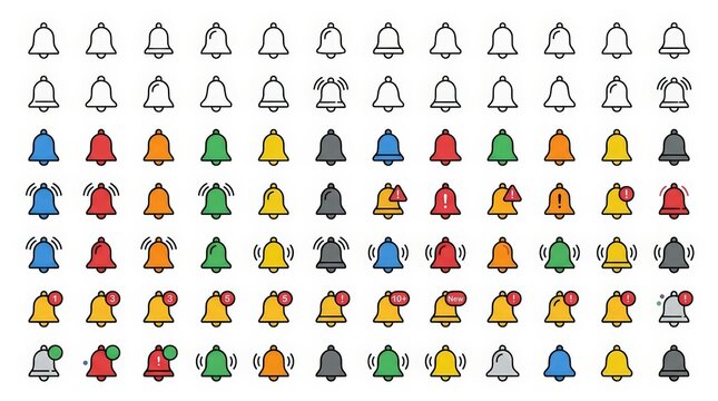 Notification bell icon set, 84 colorful alert symbols for UI design, digital notification buttons in various styles and colors