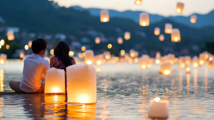 Yi Peng festival showing river lanterns and people at twilight, background © dvoevnore
