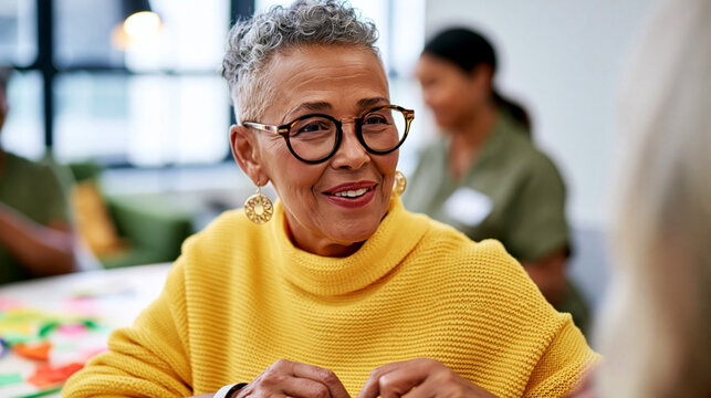Smiling elderly woman in glasses and yellow sweater enjoys a craft activity in a bright senior community room, capturing active social wellbeing.