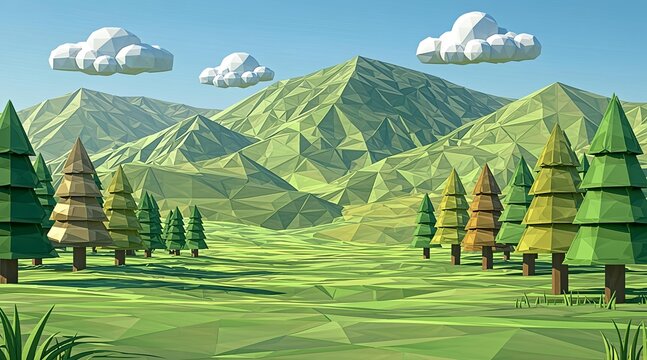 Stylized low poly mountain landscape with geometric trees and clouds under a blue sky
