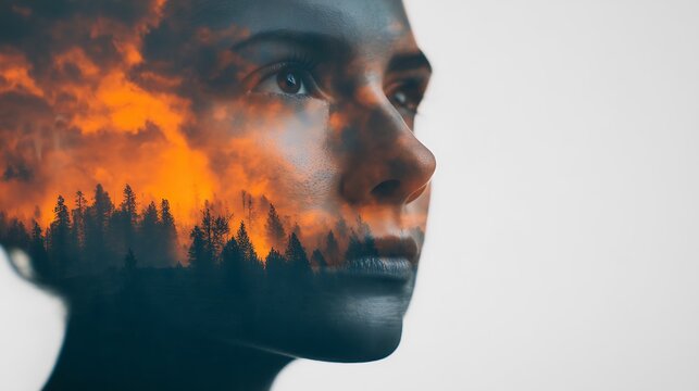 A double exposure of a woman's face merged with a fiery forest, symbolizing inner turmoil and nature's destructive power.