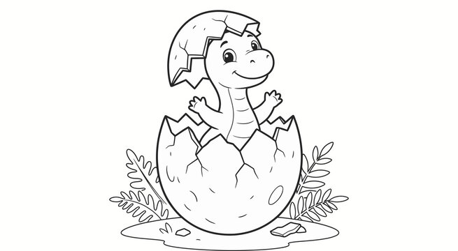 Cute cartoon baby dinosaur hatching from an egg for children coloring page illustration