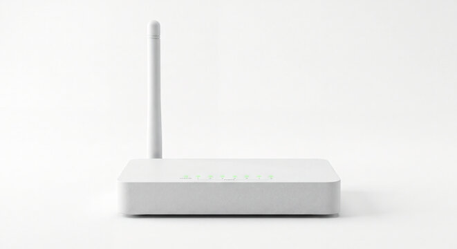 A modern wireless Wi-Fi modem router with a single antenna and a green light, shown in isolation on a white background.