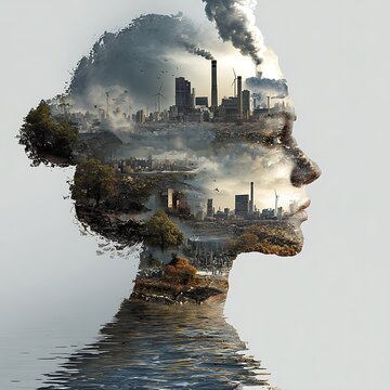 A double exposure silhouette of a person blends with an industrial cityscape emitting smoke, symbolizing pollution's impact on nature and humanity.