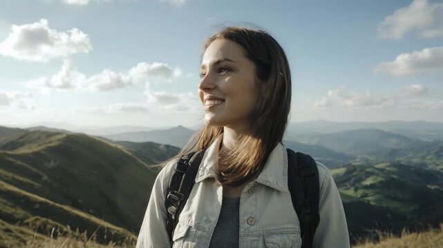 Young woman hiker smiling with backpack on mountain with rolling hills and blue sky during daytime