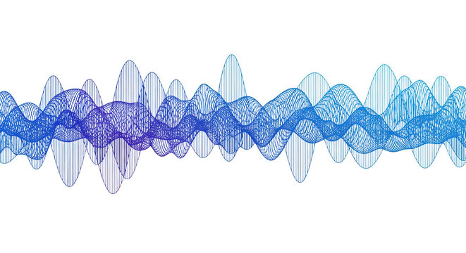 abstract dynamic vector sine wave patterns in blue and purple gradient, formed by precise parallel lines on a transparent background, horizontal composition concept of rapid computational power