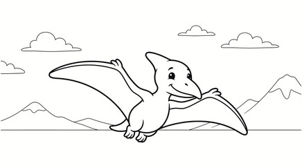 Cute cartoon pterodactyl flying in the sky for children to color as a fun educational activity © MDARasid