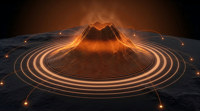 Volcanic seismic monitoring dashboard with glowing molten orange mountain elevation topography, concentric seismic wave rings and geological sensor network, natural hazard monitoring technology