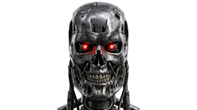 Metallic robotic skull with glowing red eyes and mechanical jaw.