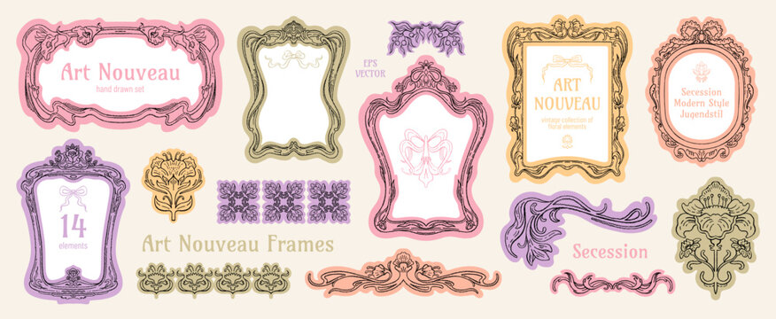 Art Nouveau frame border. Floral ornament. Mirror, book, photo picture frame. Border and Art Nouveau flower. Vector vintage floral pattern, corner, ornate, decorative design. Deco antique flourish set