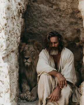 Biblical scene of daniel in the lions den, man in ancient robes sitting calmly beside a large lion in a stone cave
