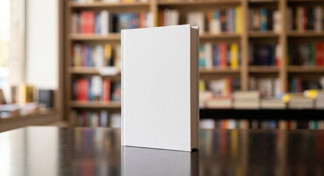 Blank white matte hardcover book mockup standing upright on a reflective table with a blurred bookstore background and soft ambient lighting.