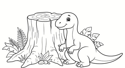 Fototapeta premium A cute cartoon dinosaur standing next to a tree stump in a simple black and white coloring page