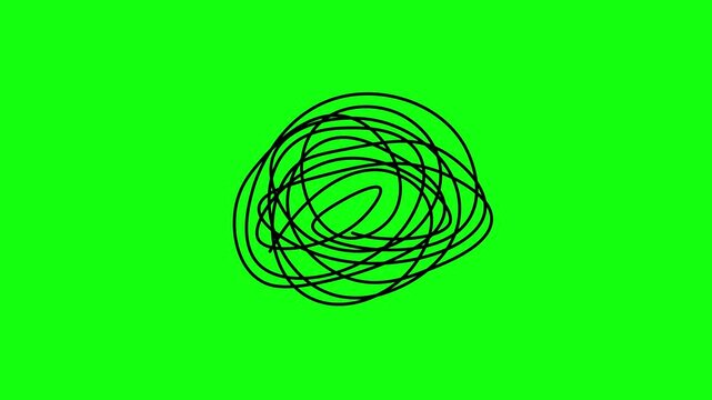 Hand-drawn animation of a tangled scribble&mdash;a chaotic mess of intertwined lines symbolizing mental confusion and complexity. Green background, 4K video.