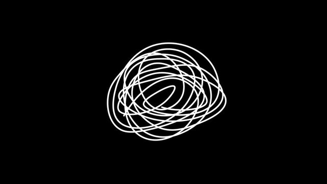 An animation of tangled abstract scribbles, a chaotic web of lines, and messy, swirling sketches. Hand-drawn lines reflecting stress, depression, and a chaotic mind; black background; 4K video.