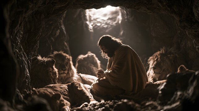 Prophet daniel kneeling in prayer inside a dark cave among lions, biblical scene of faith and protection