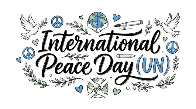 International Peace Day UN lettering banner with hand drawn peace doves world globe and olive branch doodles