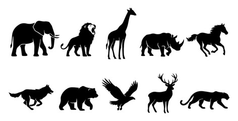 Fototapeta premium Wild animal and safari silhouette set with elephant, lion, giraffe, rhino, horse, wolf, bear, eagle, deer and panther shapes for wildlife, nature and zoo design, including 10 black vector illustration
