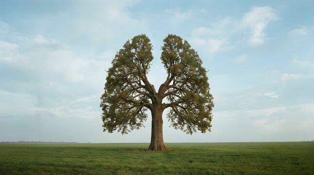 A lone tree with a distinct form resembling human lungs stands beneath a dramatic cloudy sky symbolizing environmental health and respiratory wellbeing