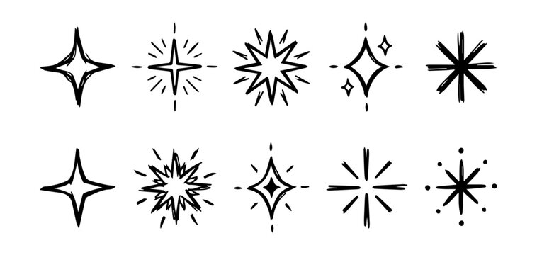 Sparkle and star doodle icon set in hand drawn sketch style with glitter, shine, twinkle and burst symbols for magic, decoration and celebration design, including 10 vector illustrations