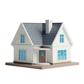 High-key 3d render of a pristine, stylized miniature model of a white family house with a slate gray roof and blue windows, isolated on a transparent backdrop. Concept of idealized domesticity